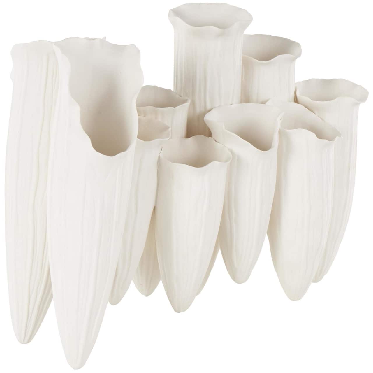 14" White Ceramic Abstract Floral Inspired Decorative Vase with Linear Grooves & 10 Openings